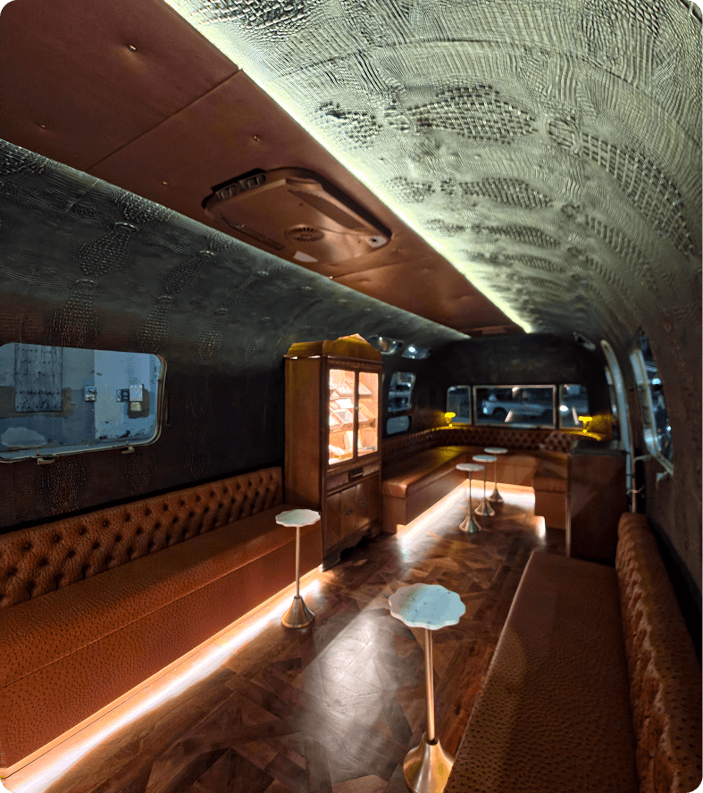Vintage trailer interior with leather seating