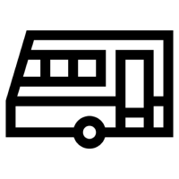 Black and white camper van icon with window and door details.