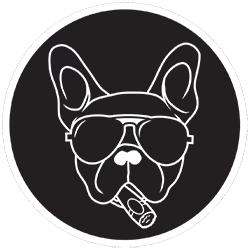 Stylized logo of a dog wearing sunglasses and smoking a cigar.