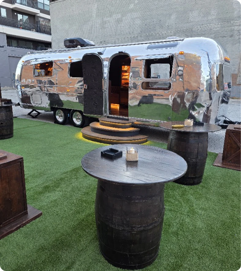 Vintage trailer on artificial grass