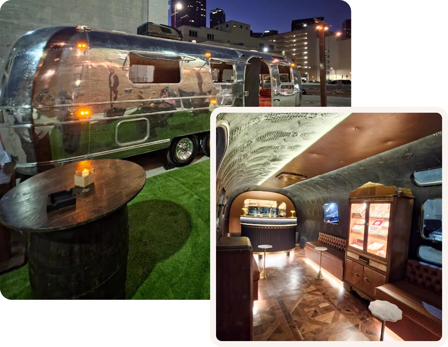 Outdoor trailer bar with city lights